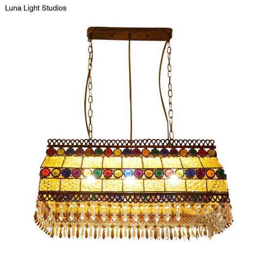 Southeast Asian Crystal Drop Rectangle Living Room Pendant Light With 3 Yellow Island Heads