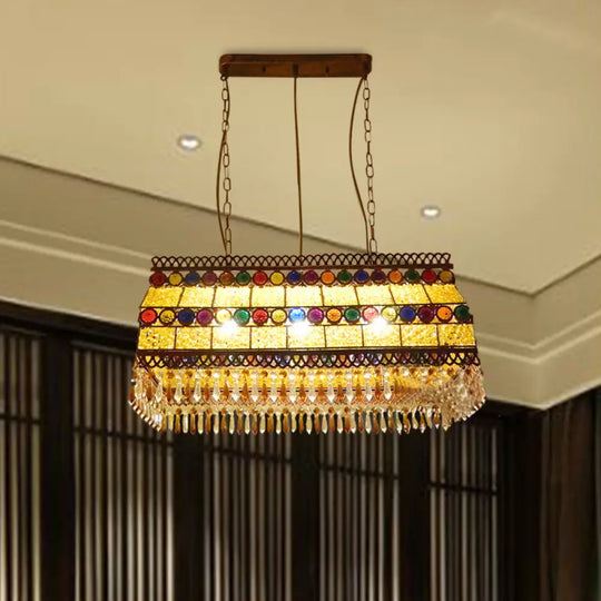 Southeast Asian Crystal Drop Rectangle Living Room Pendant Light With 3 Yellow Island Heads