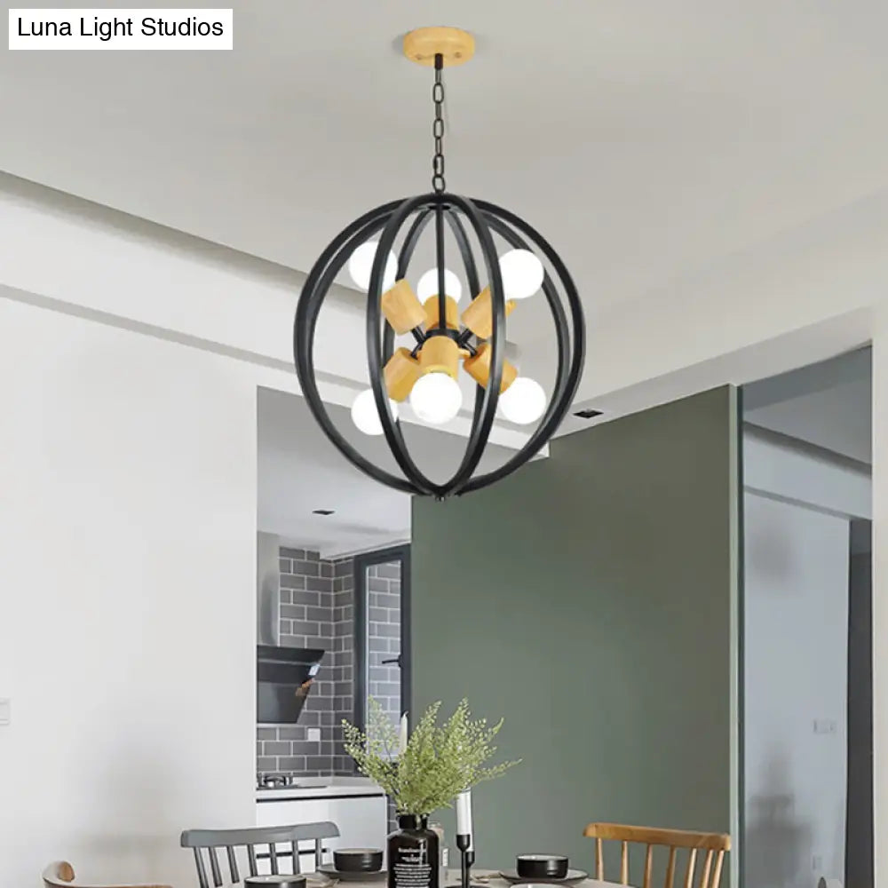 Antique Style Wrought Iron 6-Light Spherical Ceiling Lamp In Black/White For Dining Room Chandelier