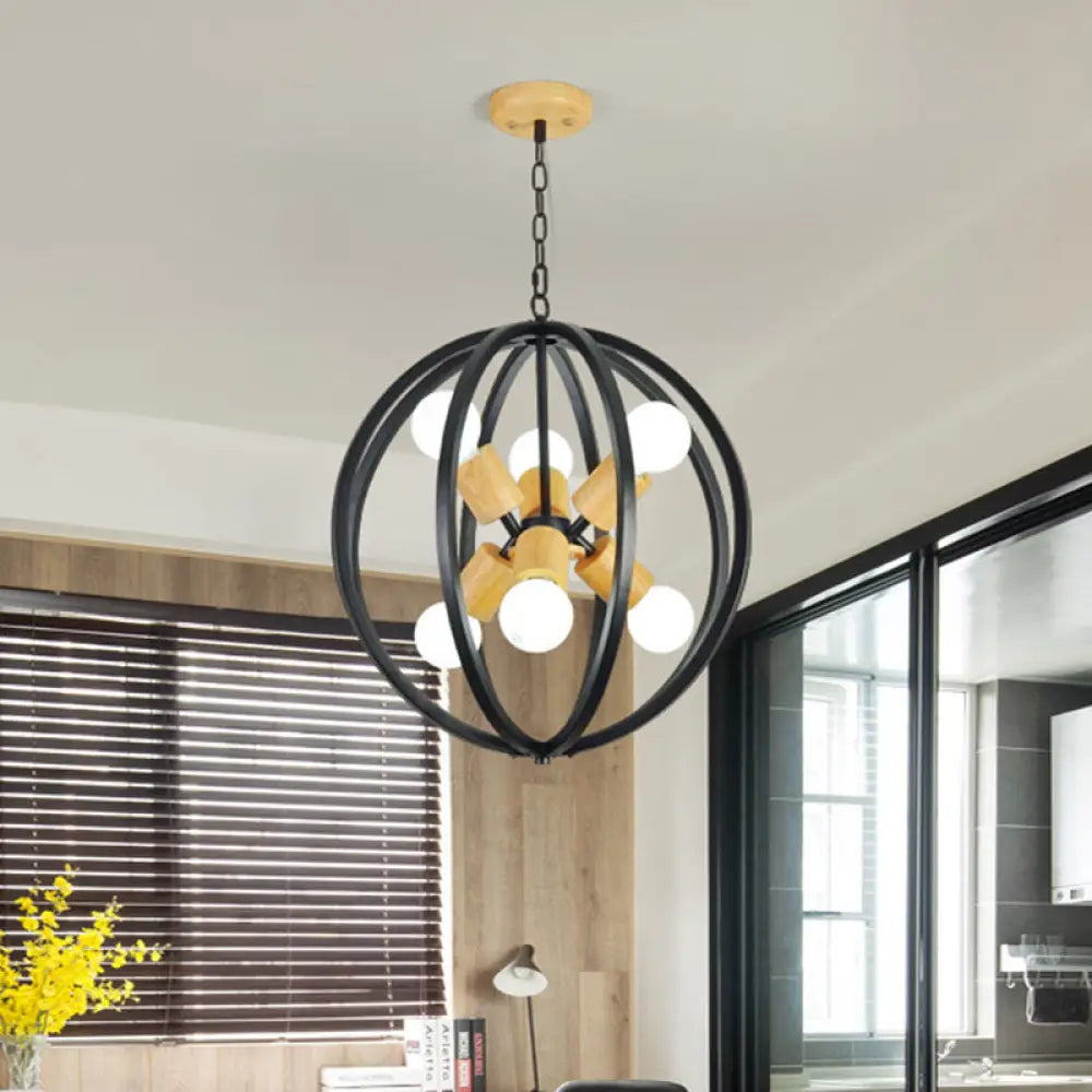 Spherical Antique Style Wrought Iron Ceiling Lamp With 6 Lights - Black/White Chandelier For Dining