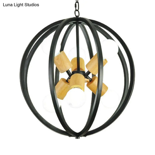 Spherical Antique Style Wrought Iron Ceiling Lamp With 6 Lights - Black/White Chandelier For Dining