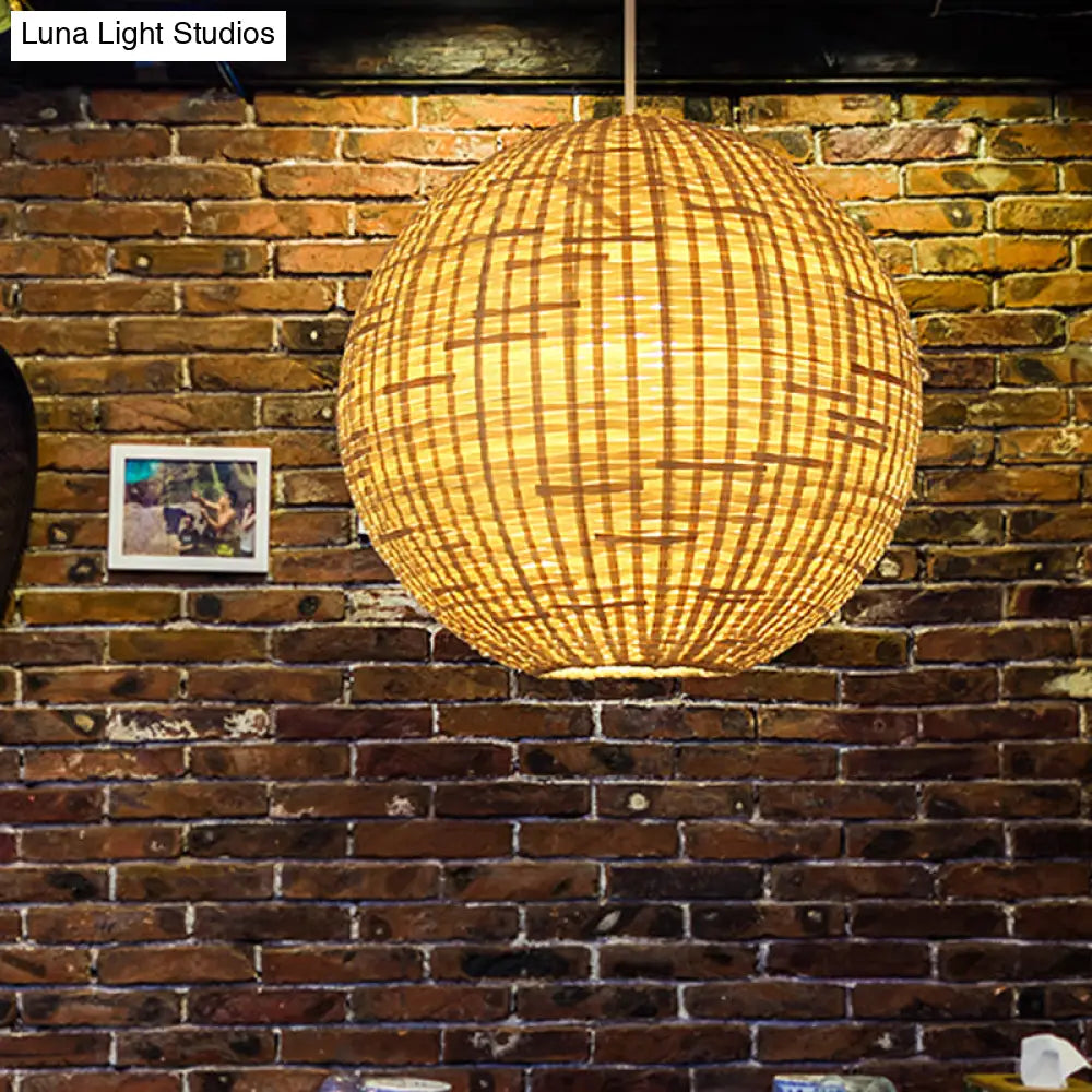 Spherical Asian Bamboo Pendant Ceiling Light - Beige 1-Bulb Suspension Lighting For Restaurants