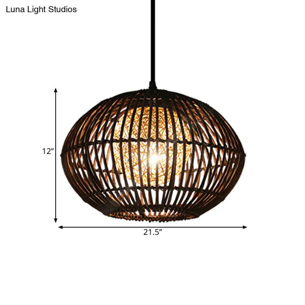 Spherical Bamboo Cage Pendant Light In Beige Loft Style Dining Room Ceiling Lamp (1 Head) - 16 Or