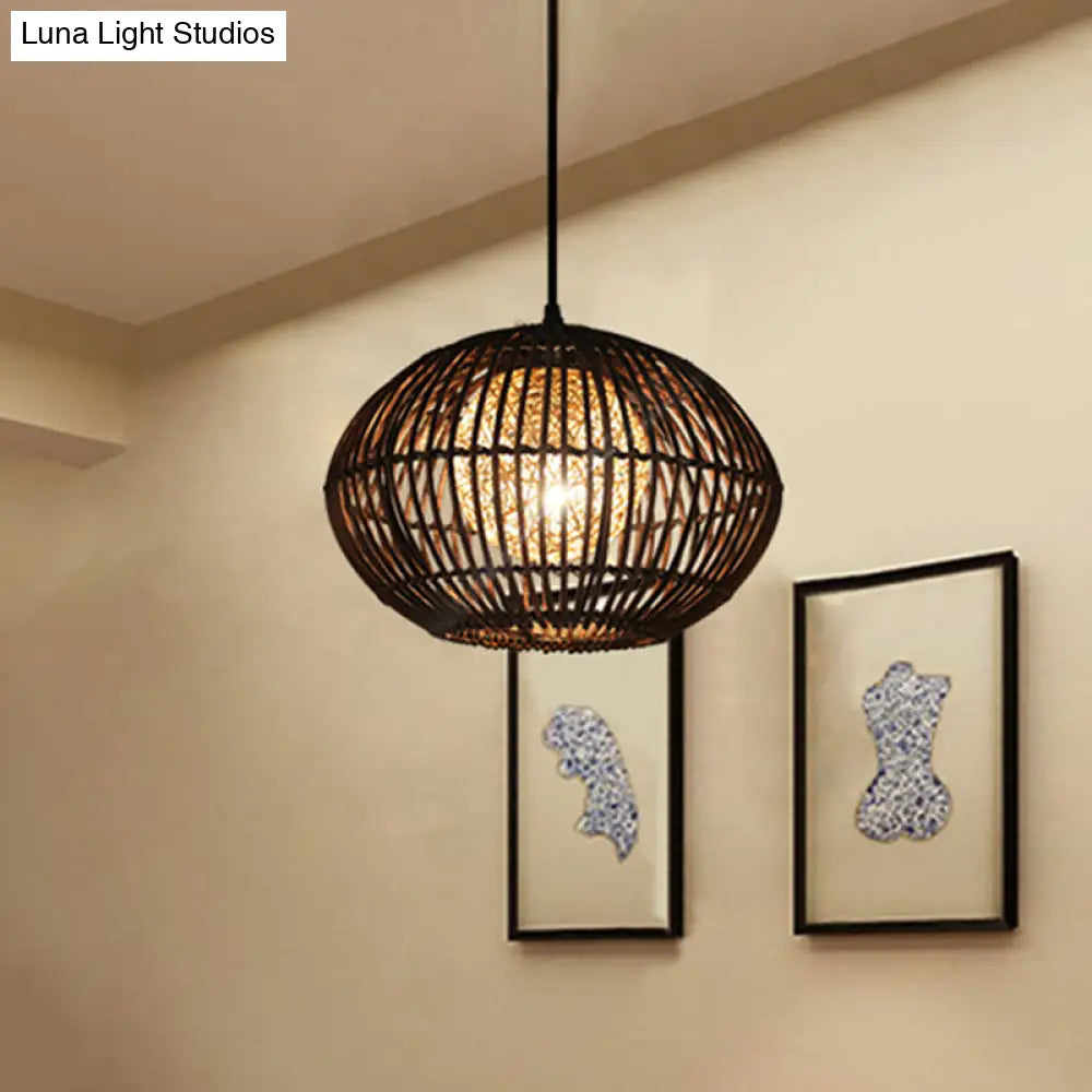 Spherical Bamboo Cage Pendant Light In Beige Loft Style Dining Room Ceiling Lamp (1 Head) - 16 Or