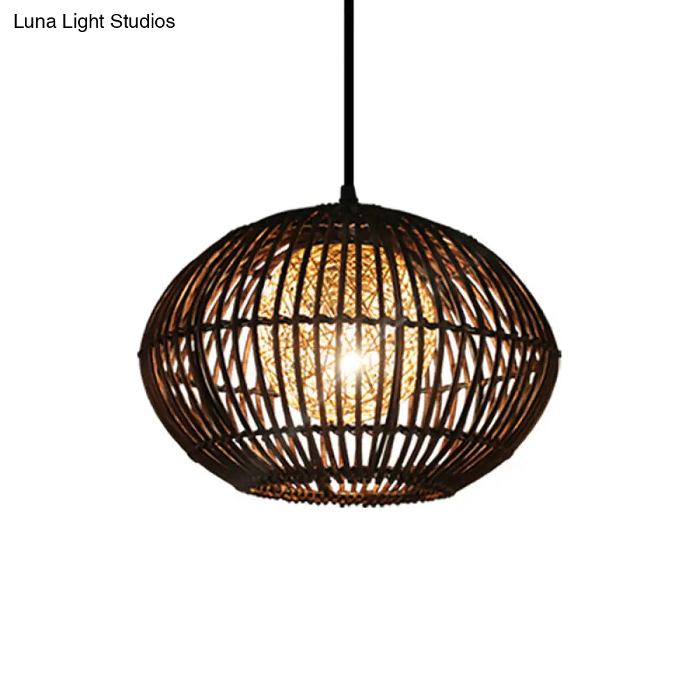 Spherical Bamboo Cage Pendant Light In Beige Loft Style Dining Room Ceiling Lamp (1 Head) - 16 Or