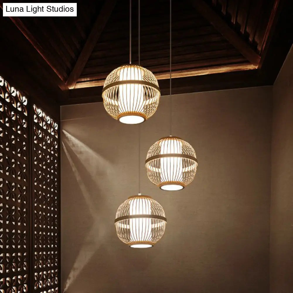 Spherical Bamboo Ceiling Lamp - Tea Room Pendant Light With 1 Bulb