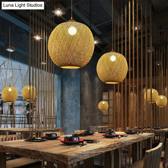 Spherical Bamboo Pendant Light - Beige | Single Asia-Inspired Hanging Fixture For Restaurants