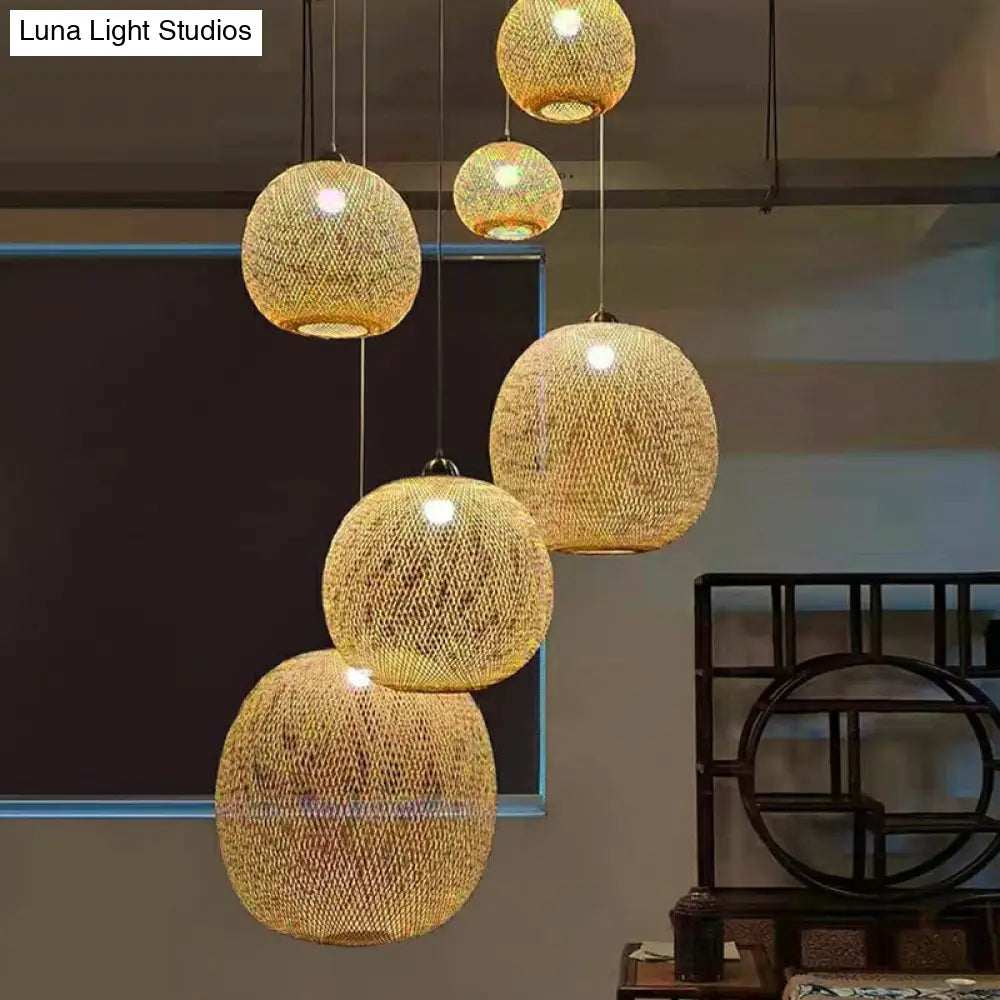 Spherical Bamboo Pendant Light - Beige | Single Asia-Inspired Hanging Fixture For Restaurants