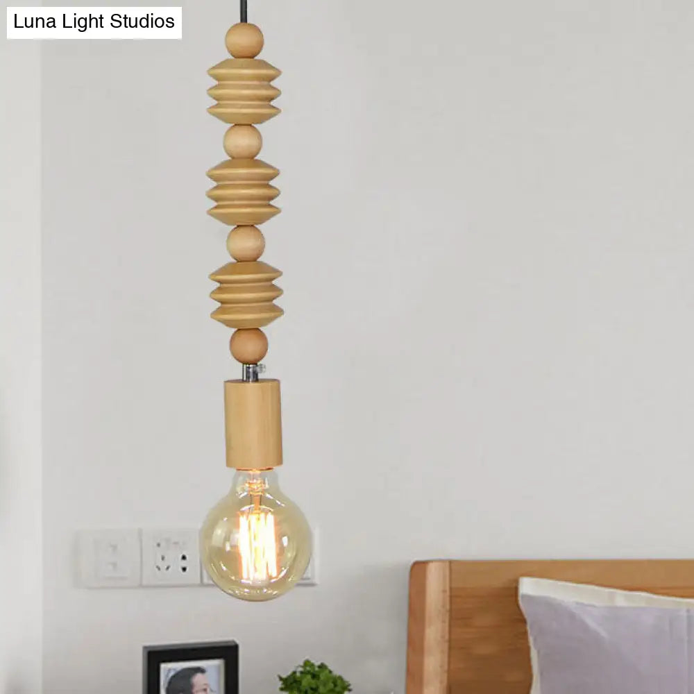 Spherical Bead Wood Hanging Lamp - Lodge Style Bedside Pendant Light With Bare Bulb 12.5’/14’ Height