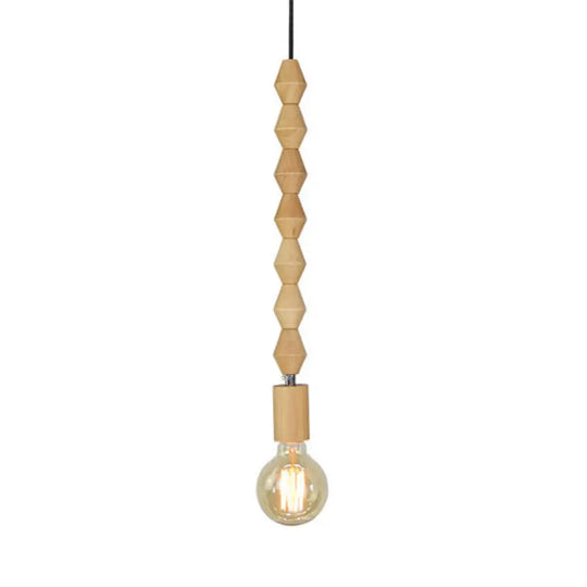 Spherical Bead Wood Hanging Lamp - Lodge Style Bedside Pendant Light With Bare Bulb 12.5’/14’