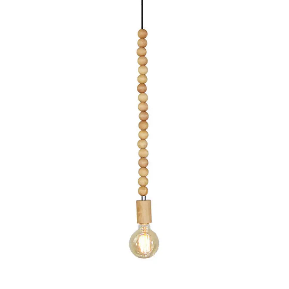 Spherical Bead Wood Hanging Lamp - Lodge Style Bedside Pendant Light With Bare Bulb 12.5’/14’