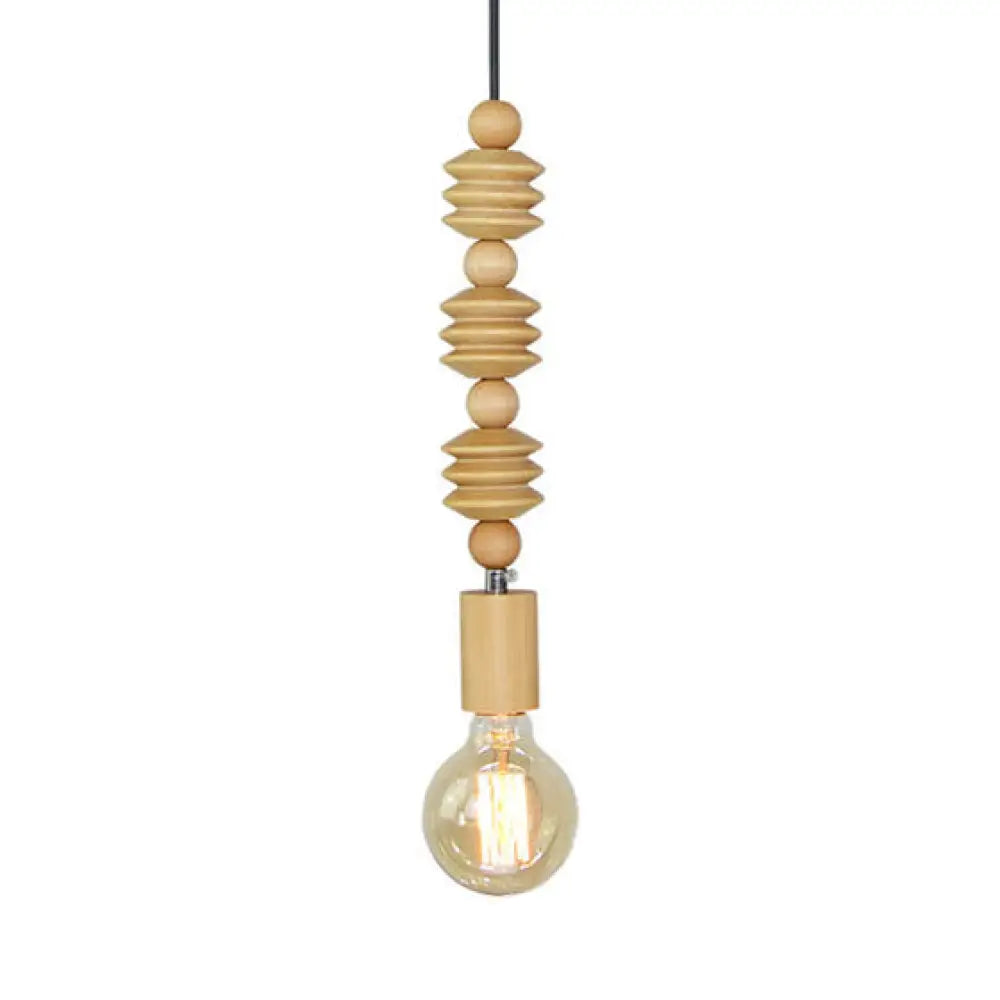 Spherical Bead Wood Hanging Lamp - Lodge Style Bedside Pendant Light With Bare Bulb 12.5’/14’
