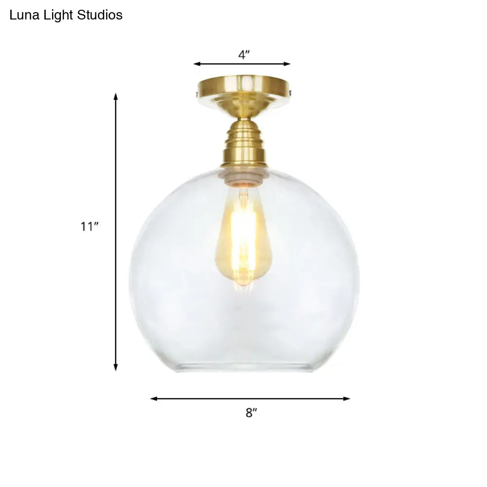 Spherical Brass Industrial Semi Flush Light: Clear/Amber Glass Ceiling Mount 8/10/12 Wide