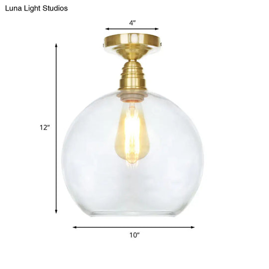 Spherical Brass Industrial Semi Flush Light: Clear/Amber Glass Ceiling Mount 8/10/12 Wide