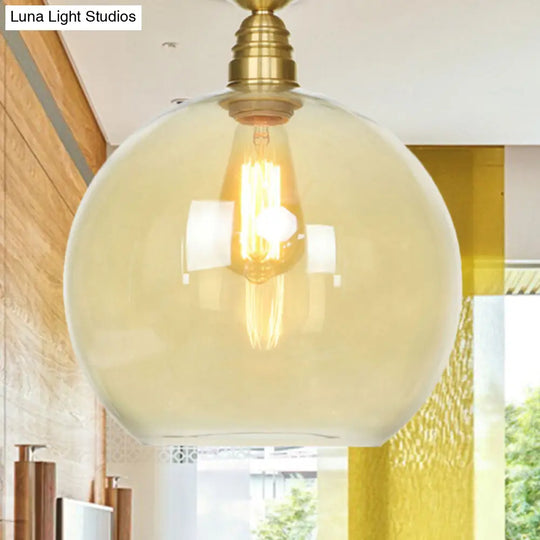 Spherical Brass Industrial Semi Flush Light: Clear/Amber Glass Ceiling Mount 8/10/12 Wide Amber / 8