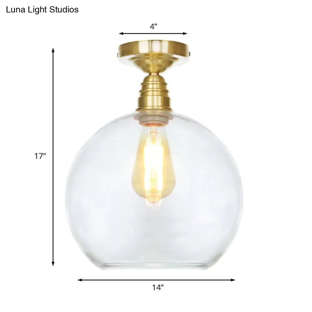 Spherical Brass Industrial Semi Flush Light: Clear/Amber Glass Ceiling Mount 8’/10’/12’ Wide