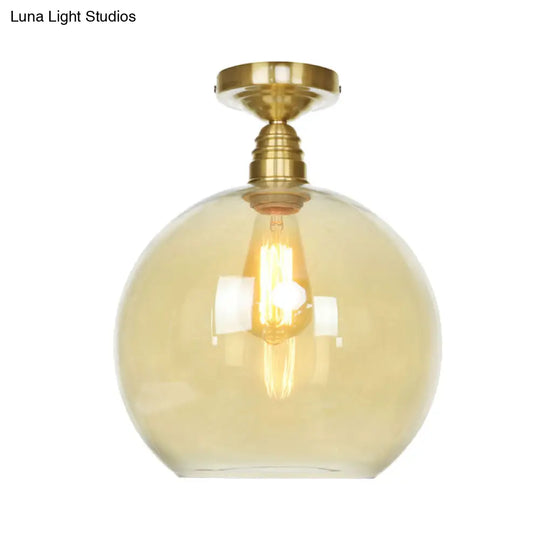 Spherical Brass Industrial Semi Flush Light: Clear/Amber Glass Ceiling Mount 8/10/12 Wide