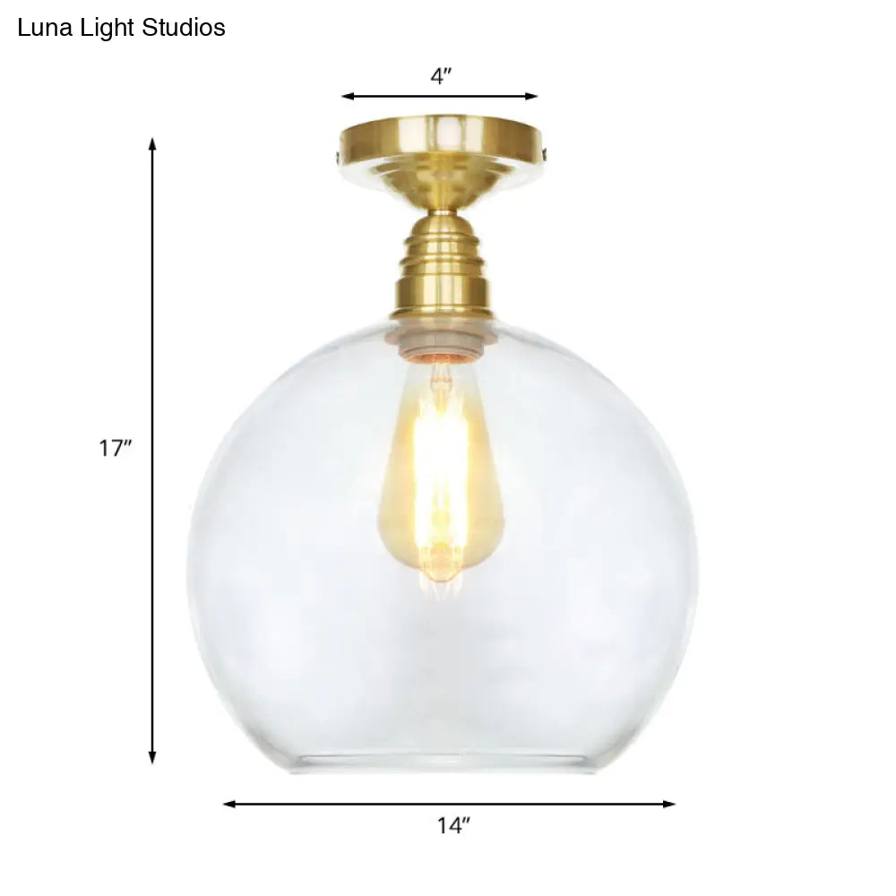 Spherical Brass Industrial Semi Flush Light: Clear/Amber Glass Ceiling Mount 8/10/12 Wide