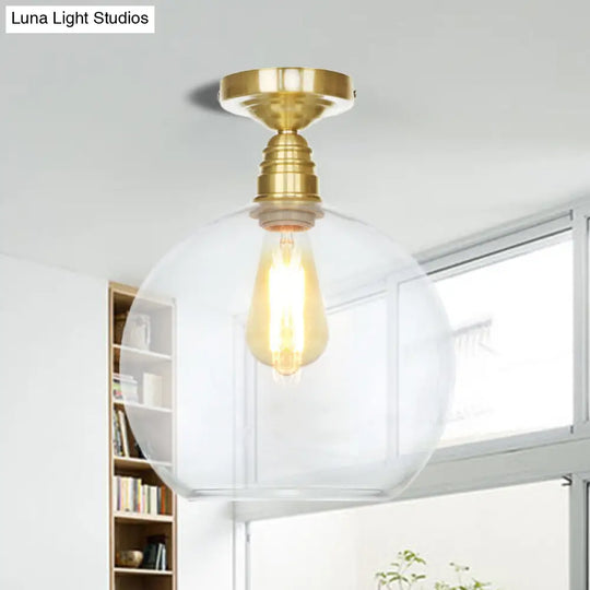 Spherical Brass Industrial Semi Flush Light: Clear/Amber Glass Ceiling Mount 8’/10’/12’ Wide