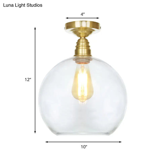 Spherical Brass Industrial Semi Flush Light: Clear/Amber Glass Ceiling Mount 8’/10’/12’ Wide