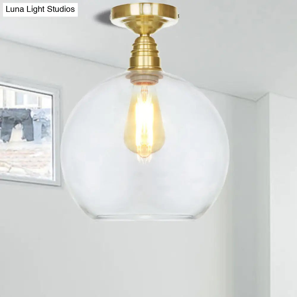 Spherical Brass Industrial Semi Flush Light: Clear/Amber Glass Ceiling Mount 8/10/12 Wide Clear / 8