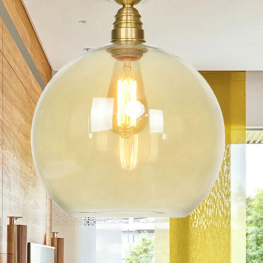 Spherical Brass Industrial Semi Flush Light: Clear/Amber Glass Ceiling Mount 8’/10’/12’ Wide