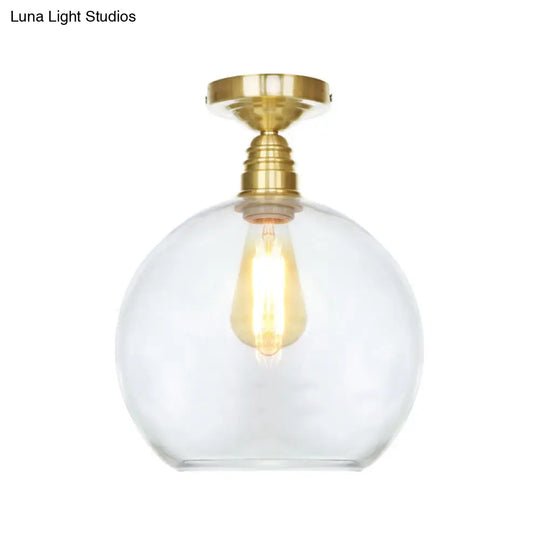 Spherical Brass Industrial Semi Flush Light: Clear/Amber Glass Ceiling Mount 8/10/12 Wide