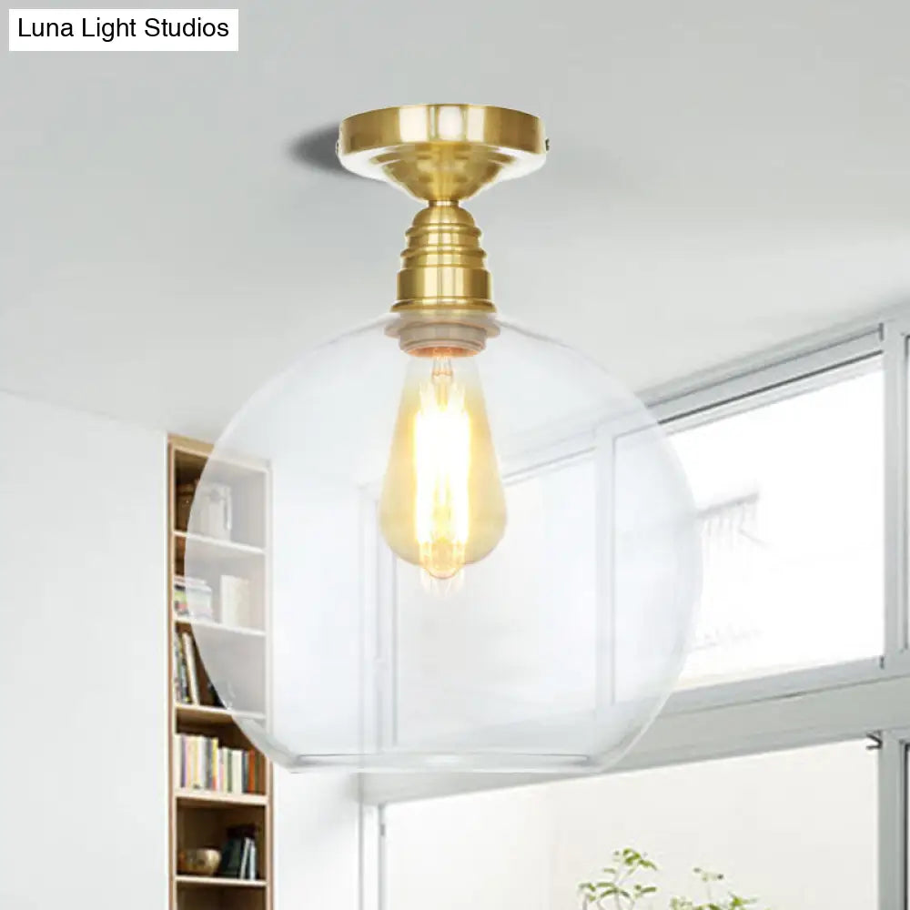 Spherical Brass Industrial Semi Flush Light: Clear/Amber Glass Ceiling Mount 8/10/12 Wide