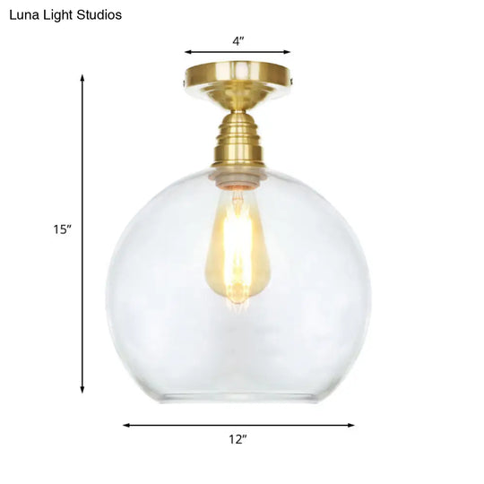 Spherical Brass Industrial Semi Flush Light: Clear/Amber Glass Ceiling Mount 8/10/12 Wide