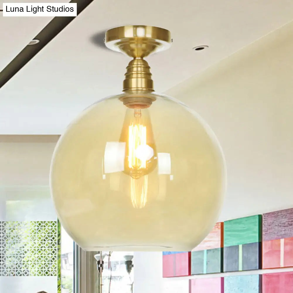 Spherical Brass Industrial Semi Flush Light: Clear/Amber Glass Ceiling Mount 8/10/12 Wide