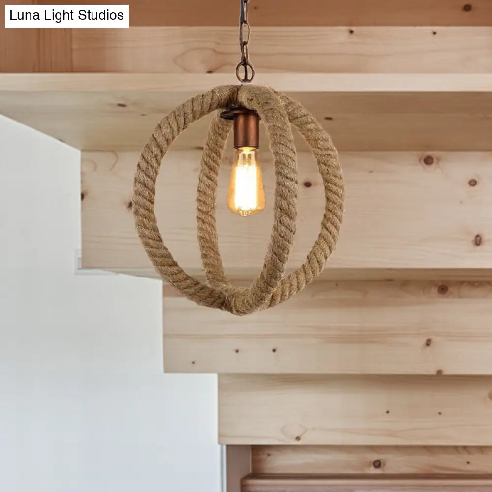 Spherical Pendant Light: Stylish Industrial Hemp Rope Design 1-Bulb Ceiling Fixture For Kitchen In