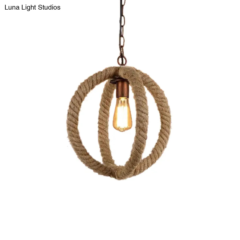 Spherical Hemp Rope Pendant Light: Industrial Chic Kitchen Ceiling Fixture In Beige