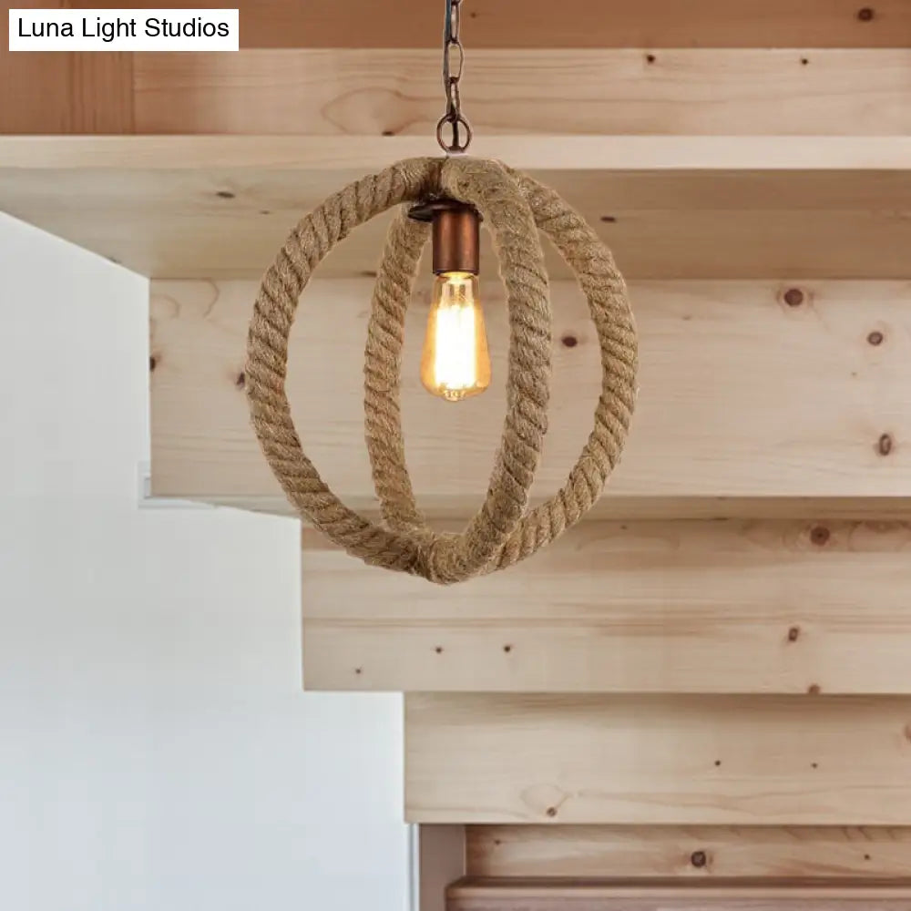 Spherical Hemp Rope Pendant Light: Industrial Chic Kitchen Ceiling Fixture In Beige