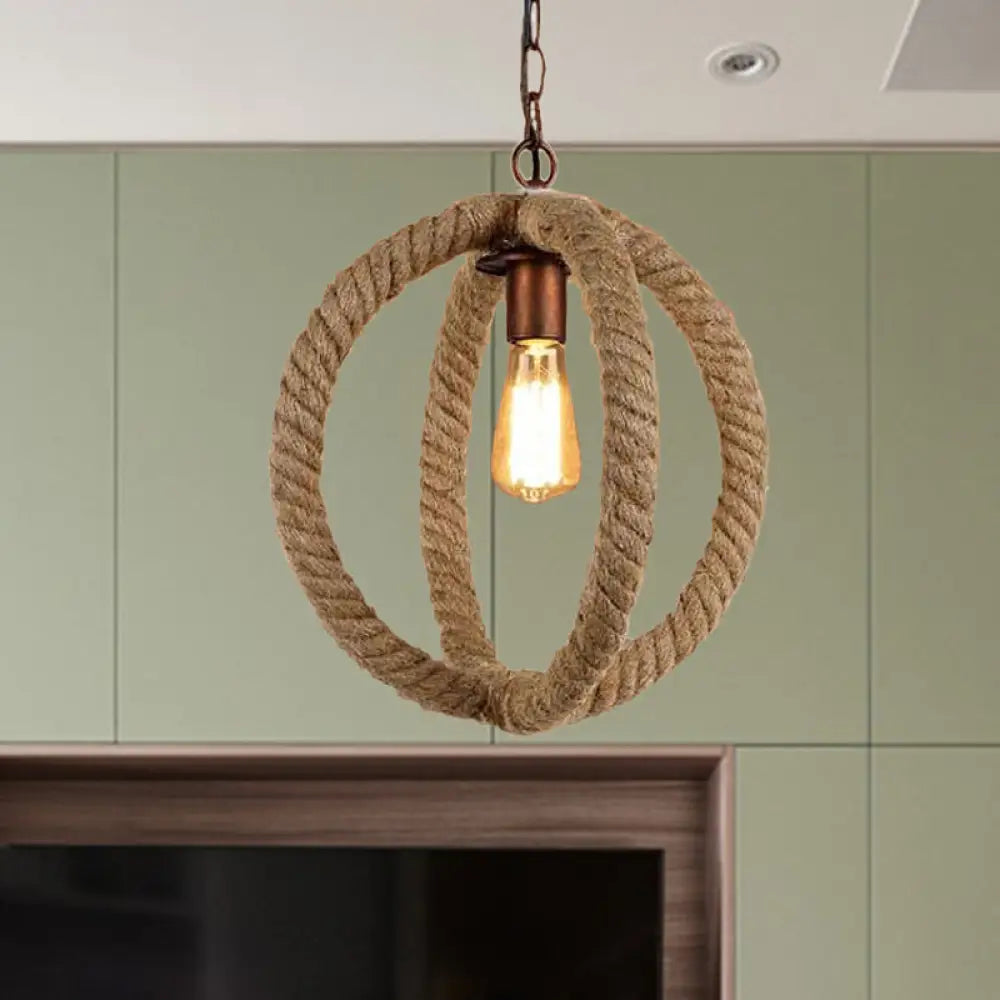 Spherical Hemp Rope Pendant Light: Industrial Chic Kitchen Ceiling Fixture In Beige