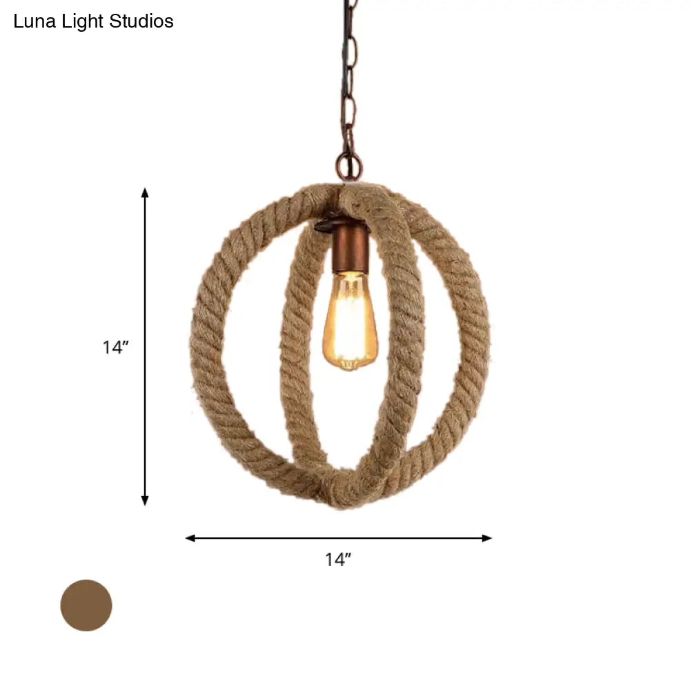 Spherical Hemp Rope Pendant Light: Industrial Chic Kitchen Ceiling Fixture In Beige