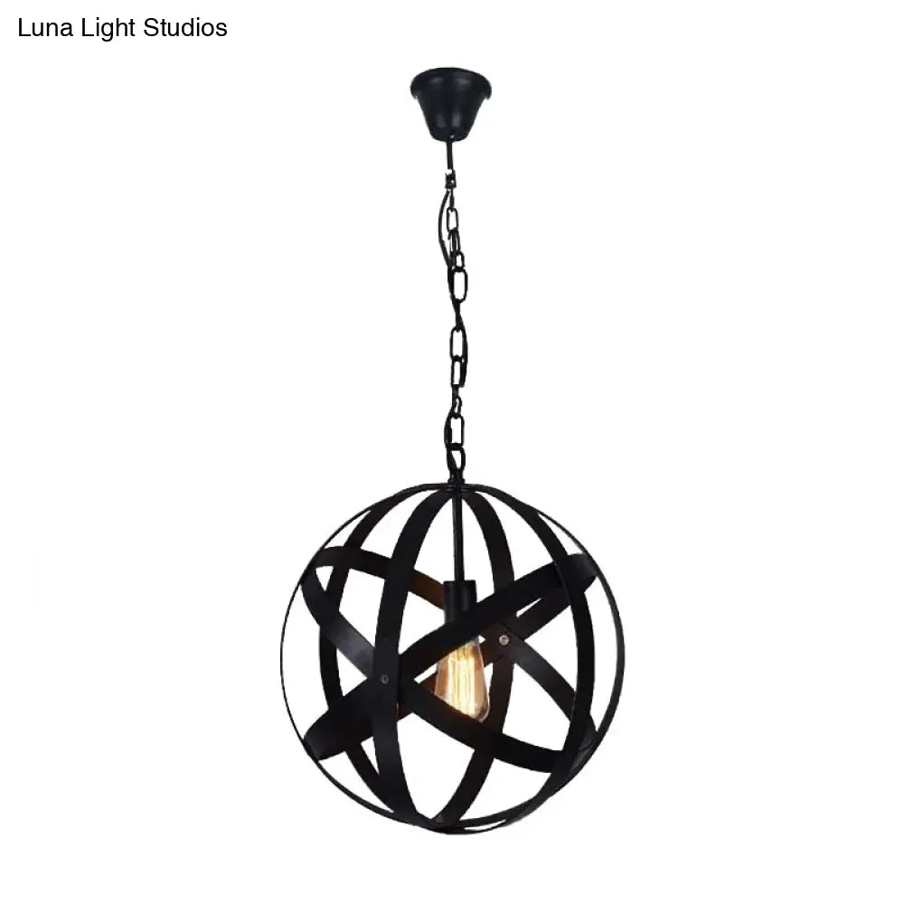 Spherical Industrial Black Metallic Pendant Lamp With Wire Guard - 1 Light Hanging Ceiling For