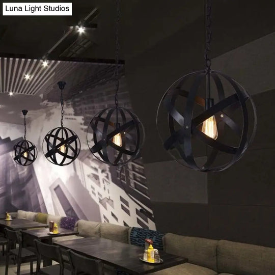 Industrial Black Metallic Pendant Lamp With Wire Guard 1 Light Spherical Hanging Ceiling For Living