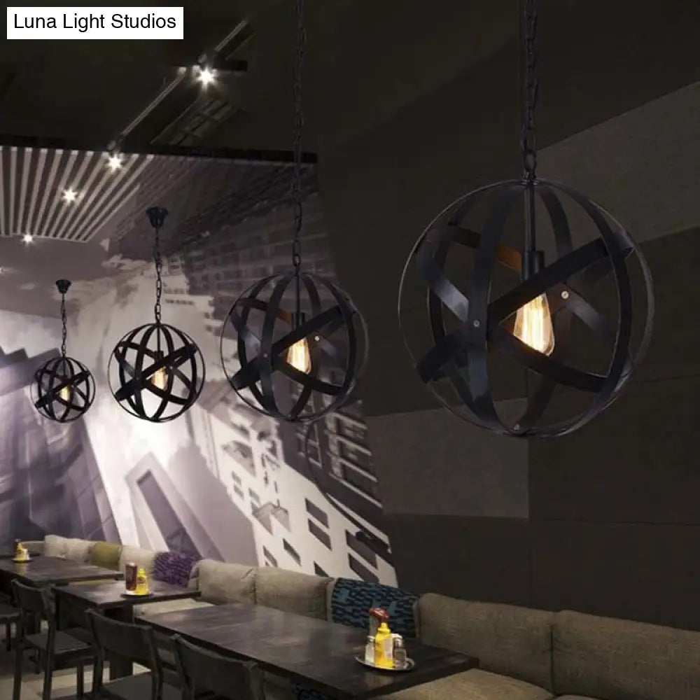 Spherical Industrial Black Metallic Pendant Lamp With Wire Guard - 1 Light Hanging Ceiling For