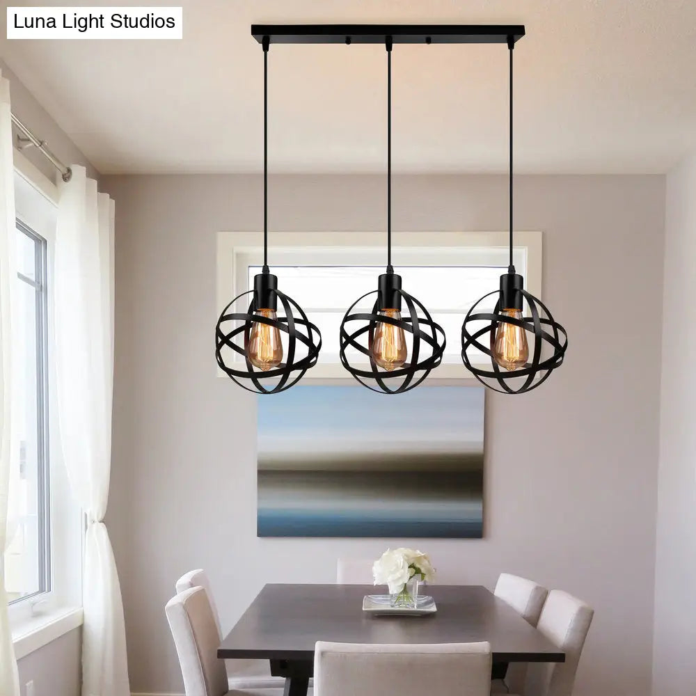 Spherical Pendant Light Fixture: Industrial Black Metal With Wire Guard - Perfect For Dining Room