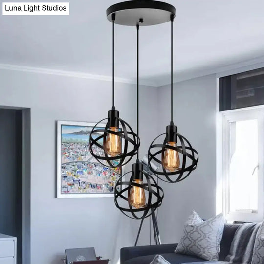 Spherical Pendant Light Fixture: Industrial Black Metal With Wire Guard - Perfect For Dining Room