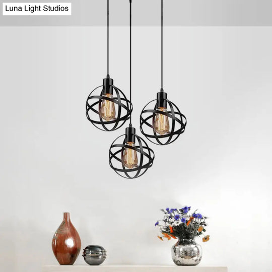 Spherical Pendant Light Fixture: Industrial Black Metal With Wire Guard - Perfect For Dining Room