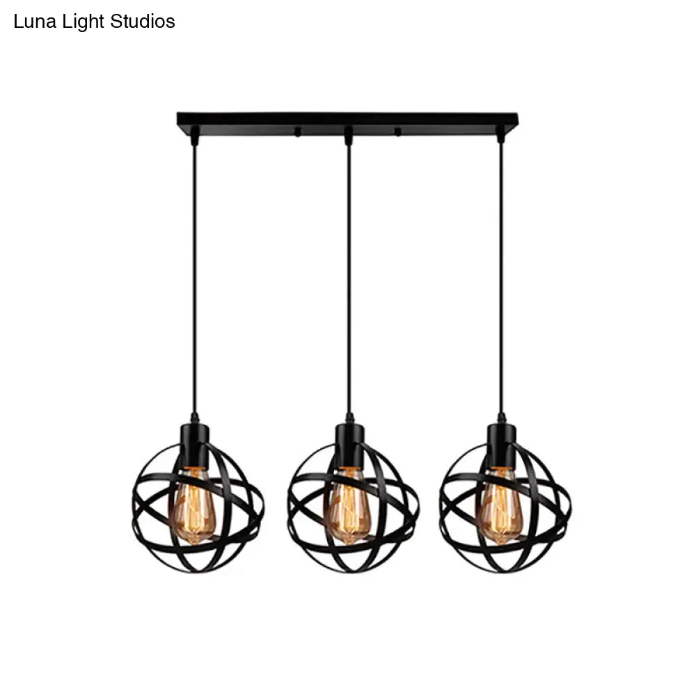 Spherical Pendant Light Fixture: Industrial Black Metal With Wire Guard - Perfect For Dining Room