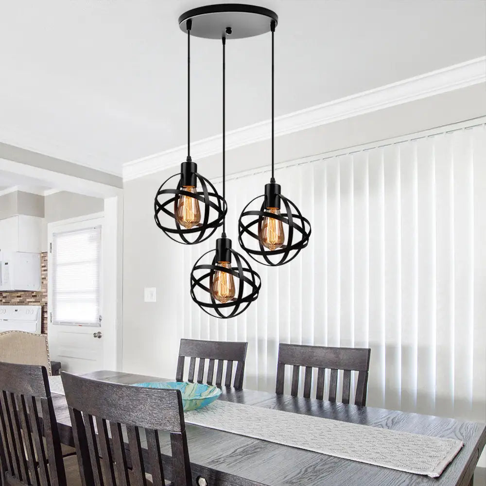 Spherical Pendant Light Fixture: Industrial Black Metal With Wire Guard - Perfect For Dining Room
