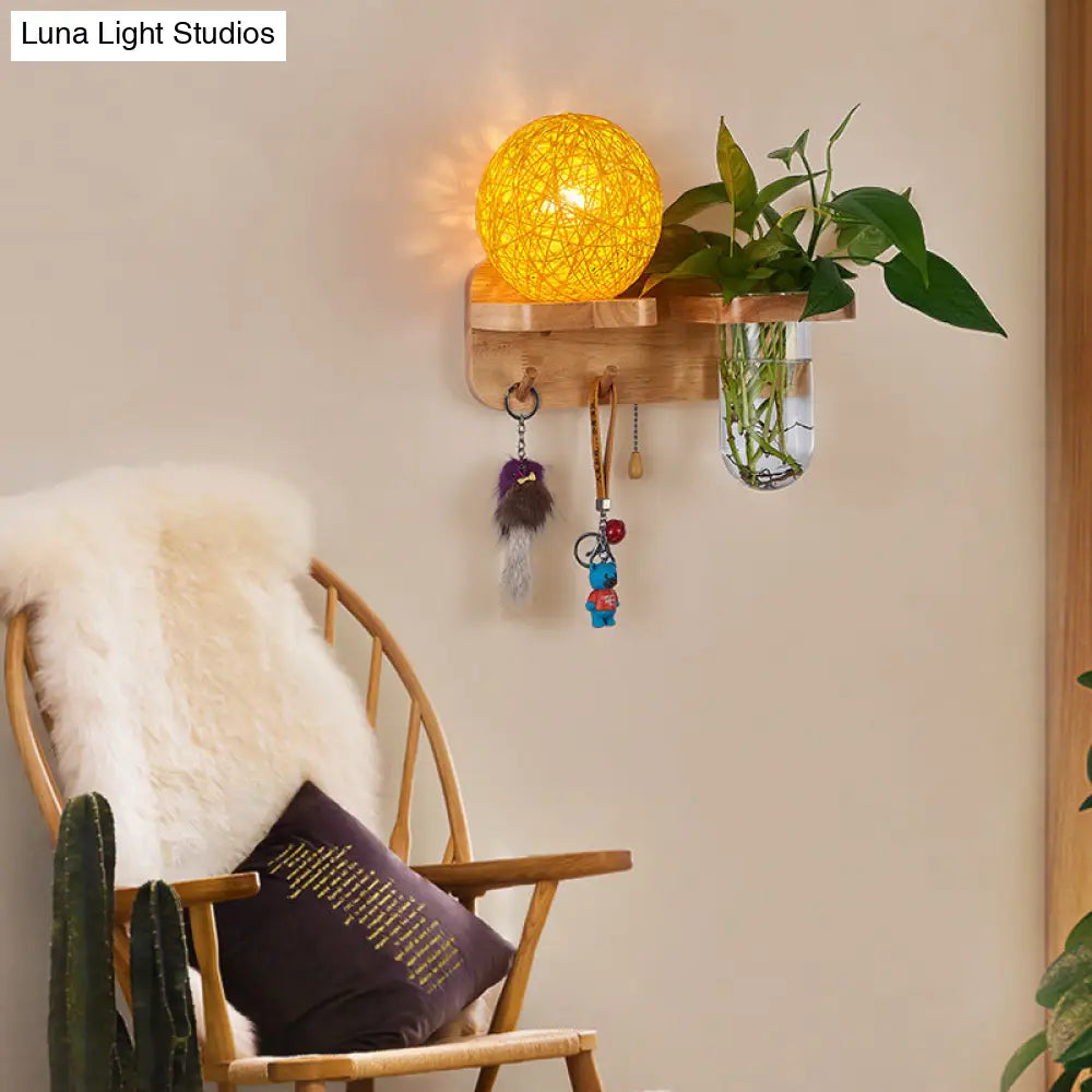 Spherical Rattan Bedside Sconce Light With Pull Chain - Modern Wood Wall Fixture