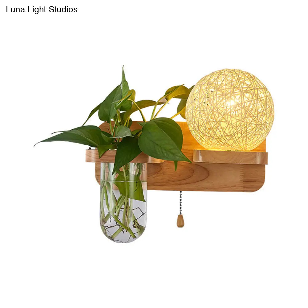 Spherical Rattan Bedside Sconce Light With Pull Chain - Modern Wood Wall Fixture