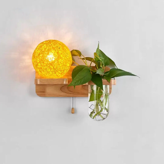 Spherical Rattan Bedside Sconce Light With Pull Chain - Modern Wood Wall Fixture Yellow / Left