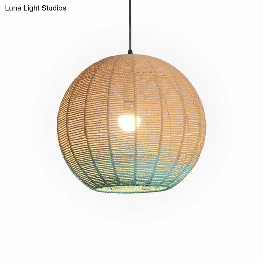 Wooden And Blue Asian Spherical Pendant Lamp - Creative Rattan Design For Restaurant Ceiling