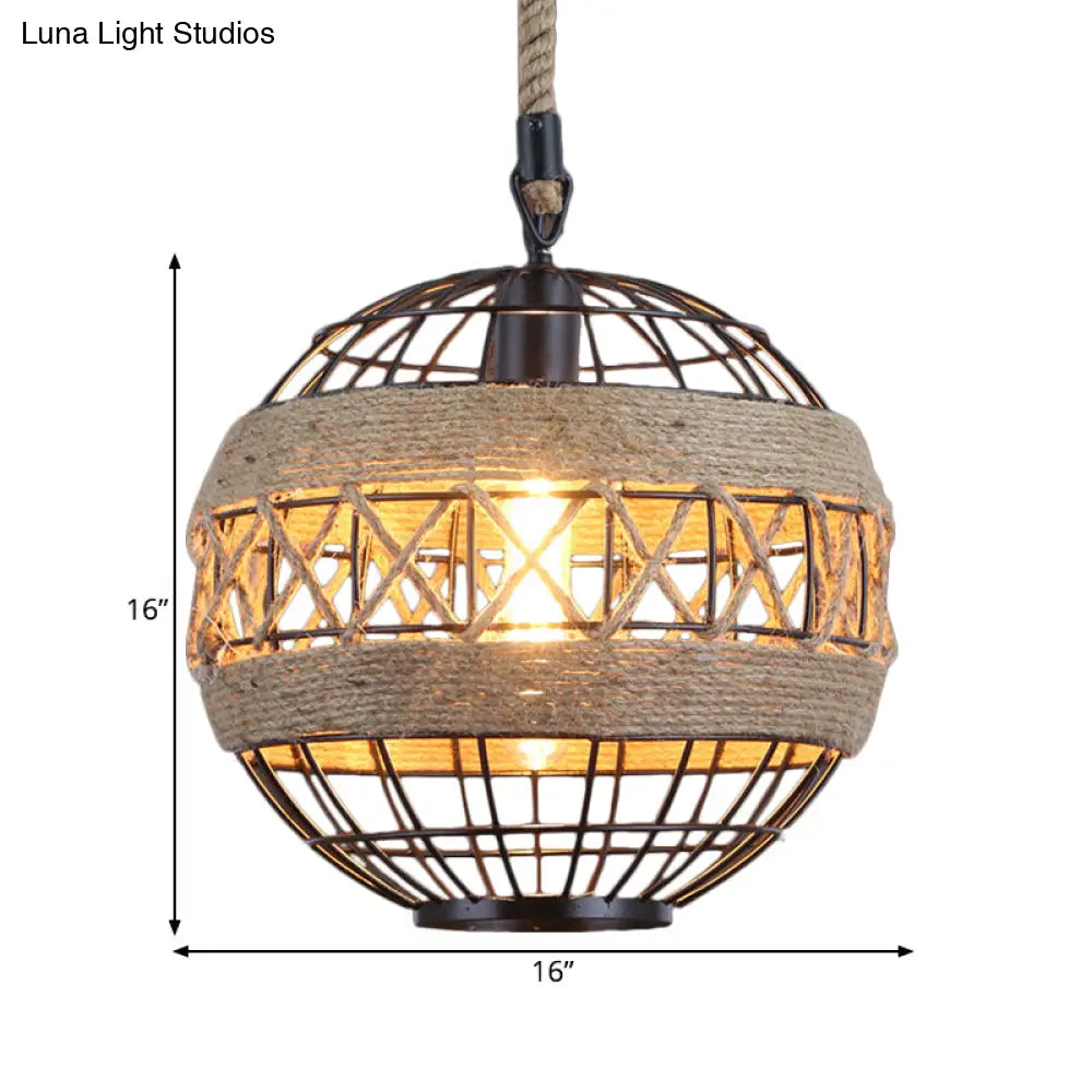 Spherical Rustic Natural Rope Bistro Ceiling Lamp - 1 Head 12/16 Wide Black Hanging Pendant Light