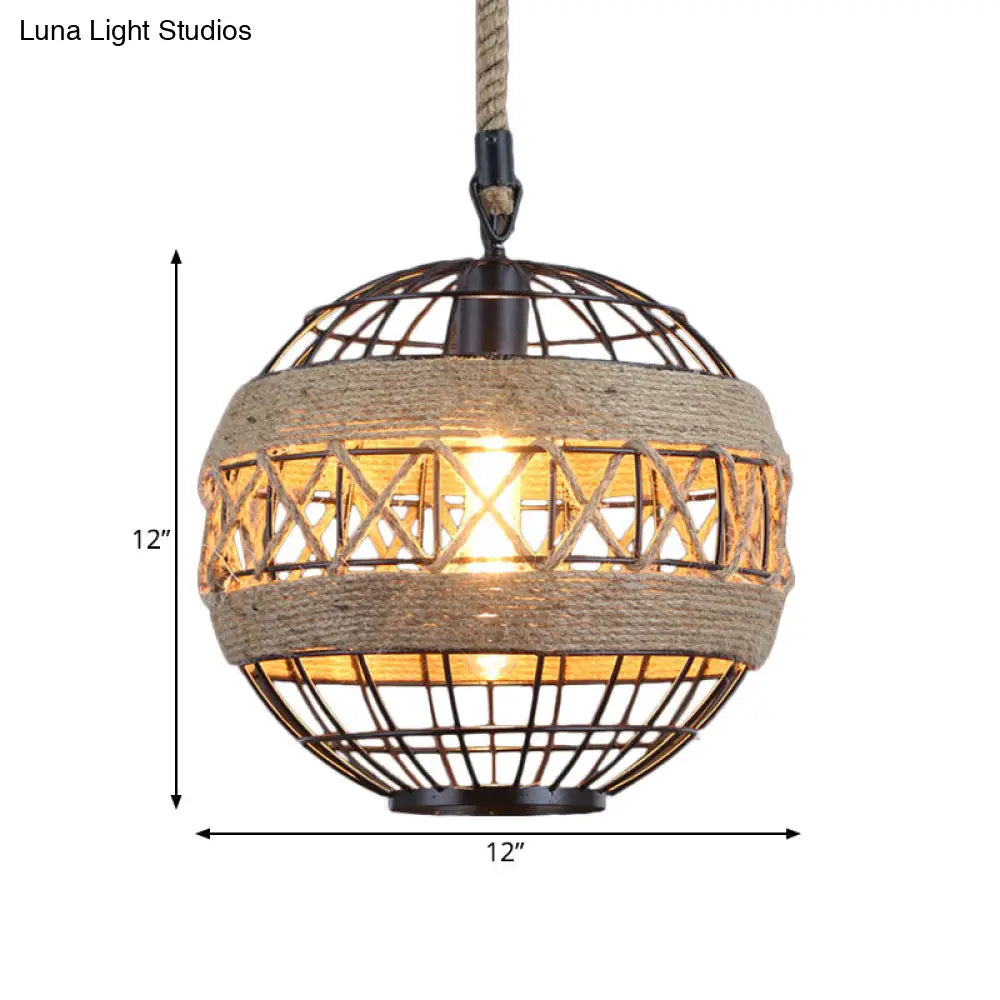 Spherical Rustic Natural Rope Bistro Ceiling Lamp - 1 Head 12/16 Wide Black Hanging Pendant Light