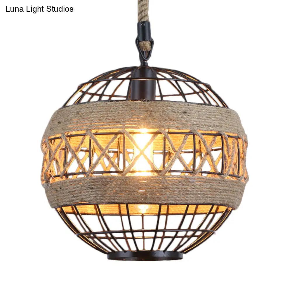 Spherical Rustic Natural Rope Bistro Ceiling Lamp - 1 Head 12/16 Wide Black Hanging Pendant Light